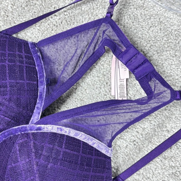 Victoria's Secret Push Up Bra Purple Velvet Trim Plaid Mesh 36D - Picture 6 of 7